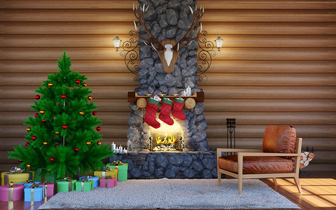 圣诞节庆装饰品在带有石壁炉的木屋楼内室房间图片