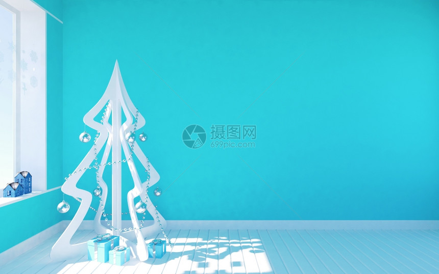 白色现代圣诞树蓝色空房有居住间图片