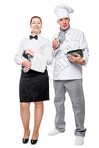 厨师全身厨师和女服务员全身用白色背景的盘托背景
