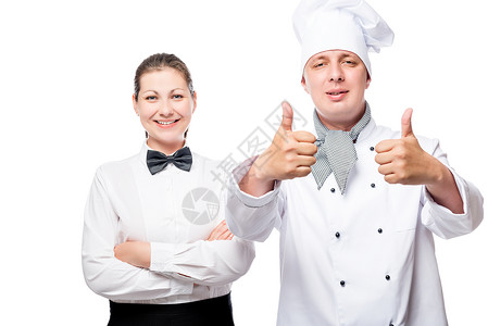快乐和成功的餐饮业工人以白色背景与世隔绝图片