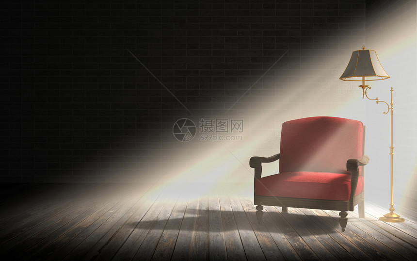室内起居红手椅和带有阳光照的暗房经典地板灯图片