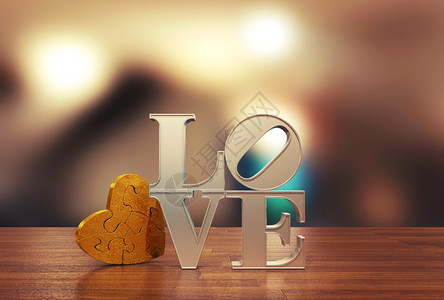 爱的讯息与心脏拼图和模糊的背景情人节3D图片