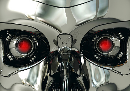 金属表面的红色机器人眼球和头骨网络技术3D图片