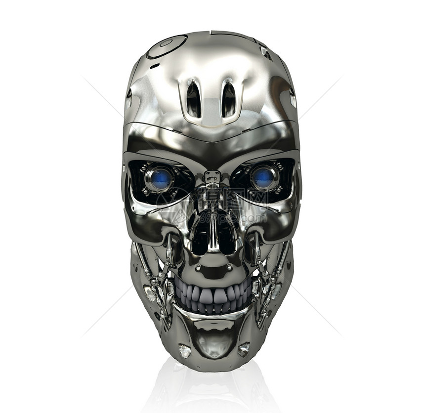 带有金属表面和蓝色闪光眼的机器人头骨图片
