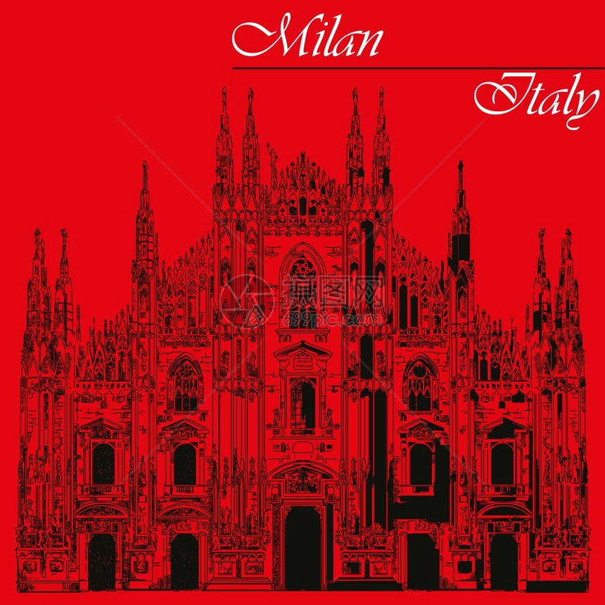 著名的米兰大教堂黑色位于milanty图形手绘插红色背景的矢量被孤立图片