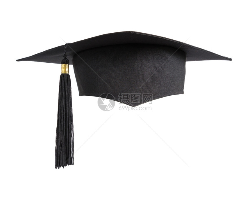 黑色正方顶毕业帽子白背景孤立的吊船图片