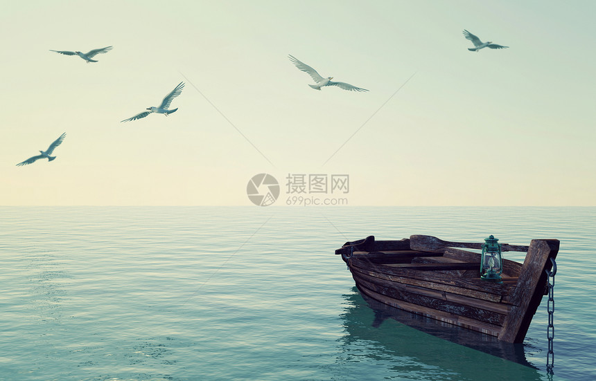 漂浮在平静的蓝海和天空上旧木船3D图片