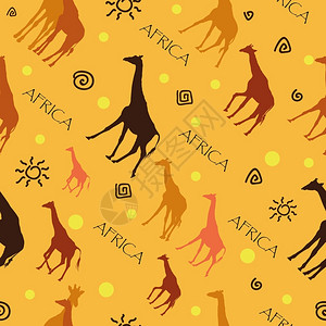 矢量非洲黄色背景上带多彩长颈鹿的无缝模式设计图片