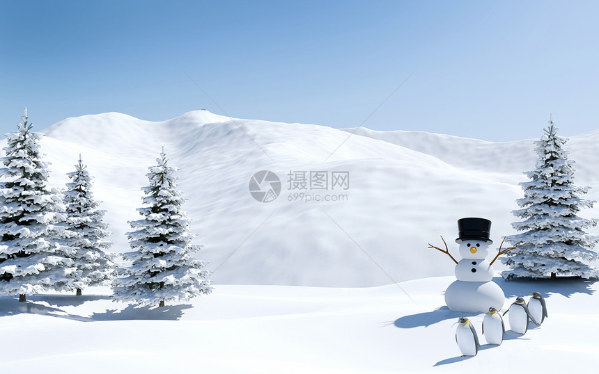 北极风景雪地人和企鹅鸟类在圣诞节的雪地北极图片