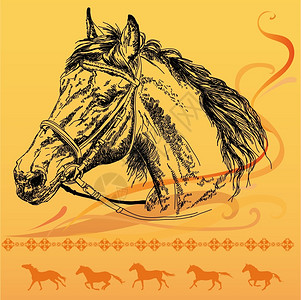 橙色背景大手画马头黑色和橙划圈马环形树枝矢量插图背景图片