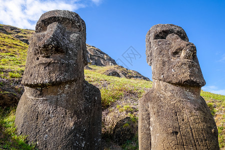 阿西埃努东岛兰诺拉巴库火山东岛和奇尔的莫阿西雕像背景