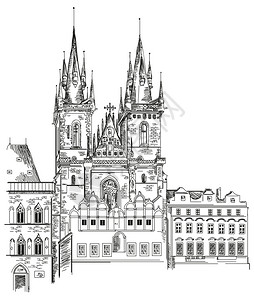 哥特式地标Czech古城Prague镇Tyn教堂的矢量手工图解插画