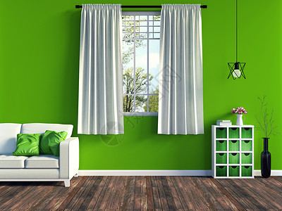室内现代绿色客厅里面有白色沙发家具和旧木地板3D图片