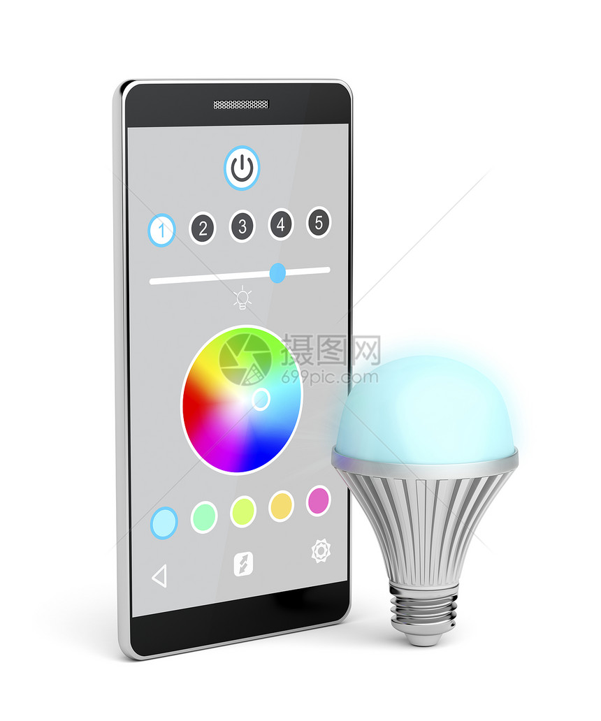 白色背景的颜变化引导灯泡和智能手机图片