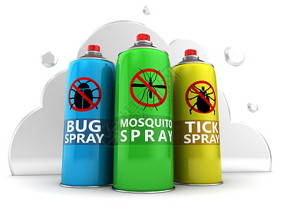 杀虫剂和蚊子3d说明三瓶白色云底的驱虫瓶背景
