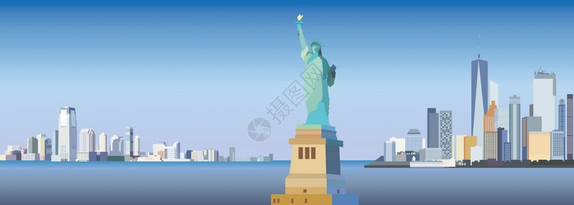 纽约市天际线自由女神雕像矢量插画全景设计图片