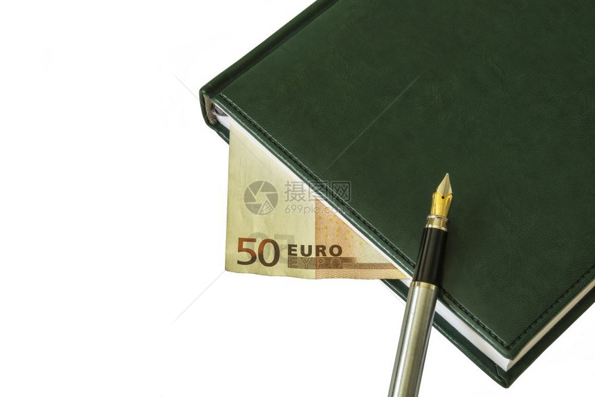 日记上有一支钢笔在床单之间一张50欧元的钞票是可见图片