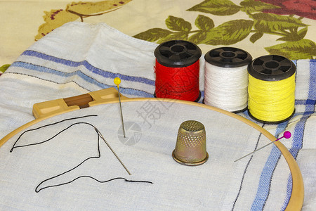 关针别针套刺绣从箍材料线别针和顶针裁缝背景