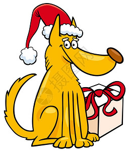 狗礼物卡通戴圣诞帽的狗插画