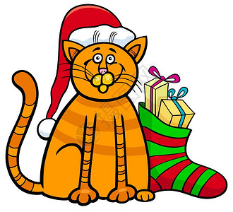 戴明环卡通戴圣诞帽的猫插画