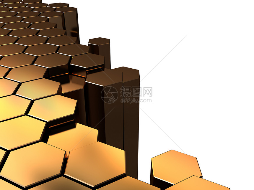 带有复制空间的黄金六边形背景抽象3d插图图片