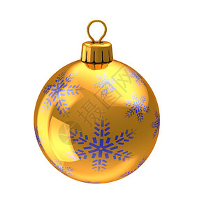 3d圣诞球黄色金和蓝雪花装饰品的3d插图脱离白底图片