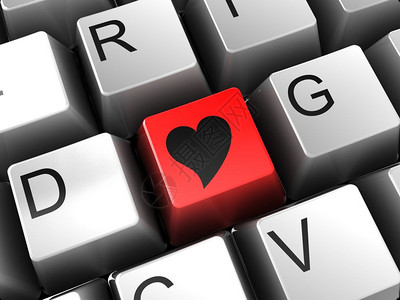 3D心3d计算机键盘和心脏形状按钮互联网约会概念的3d插图背景