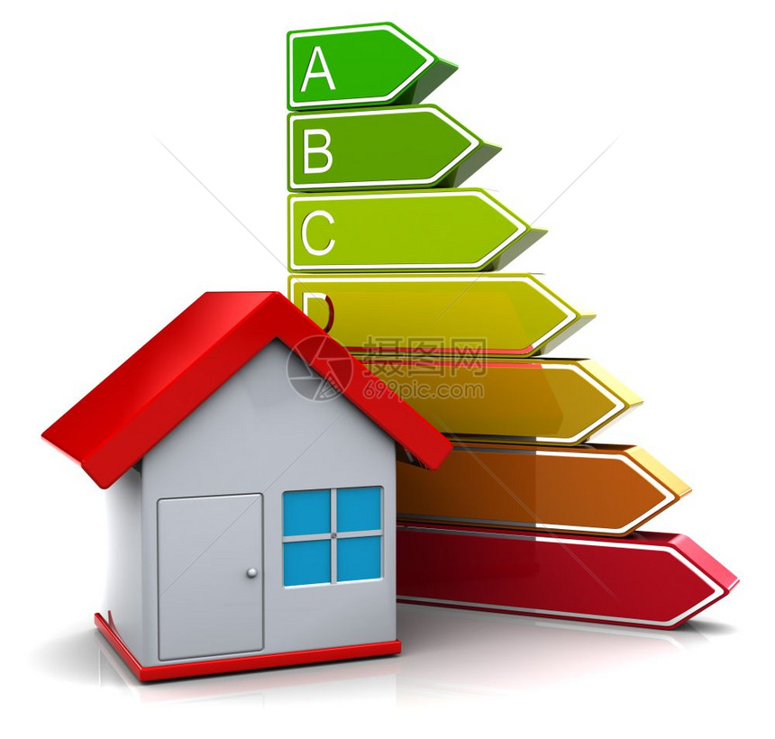 3d显示带有能源分类符号的房屋置于白色背景图片