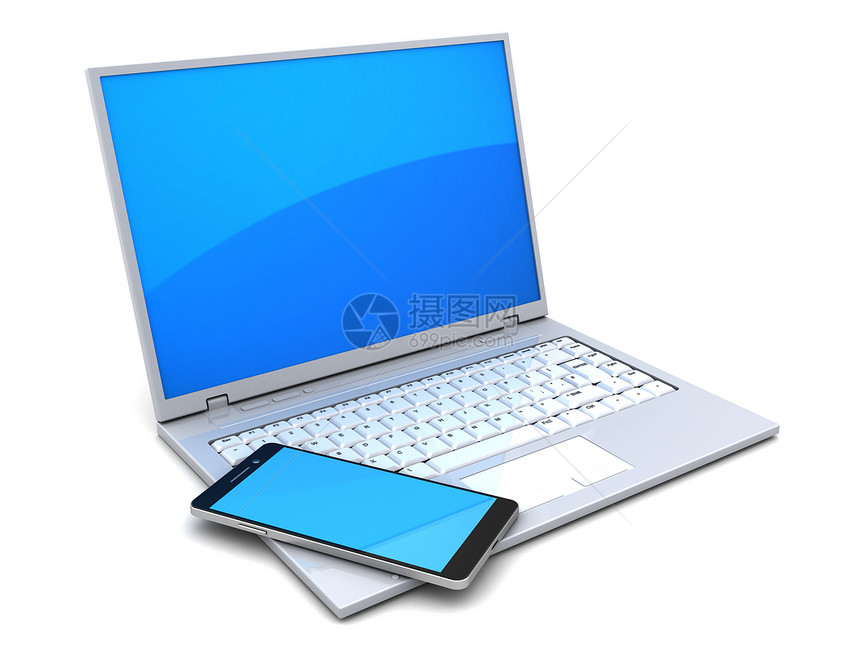 3d笔记本电脑和移动话白色背景图图片