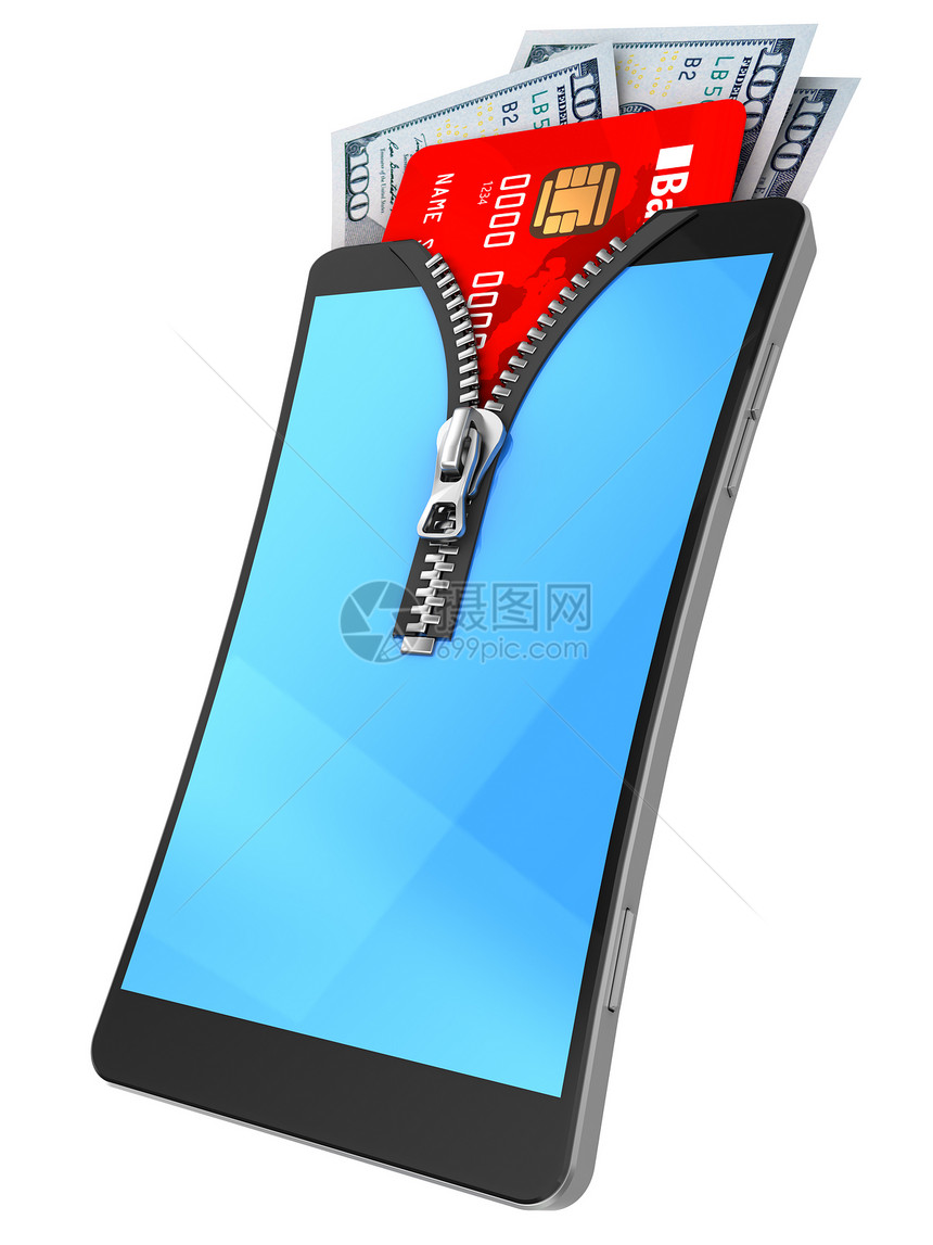 3d带拉链货币和信用卡的移动电话插图图片
