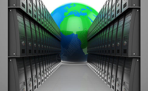 计算机机房许多服务器和地球的抽象3d插图背景