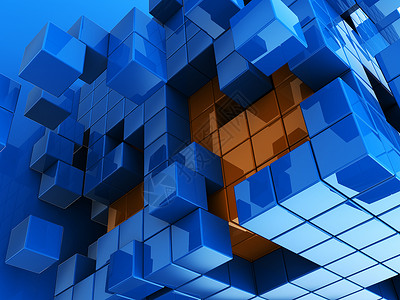 蓝色和橙立方体背景的抽象3d插图背景图片