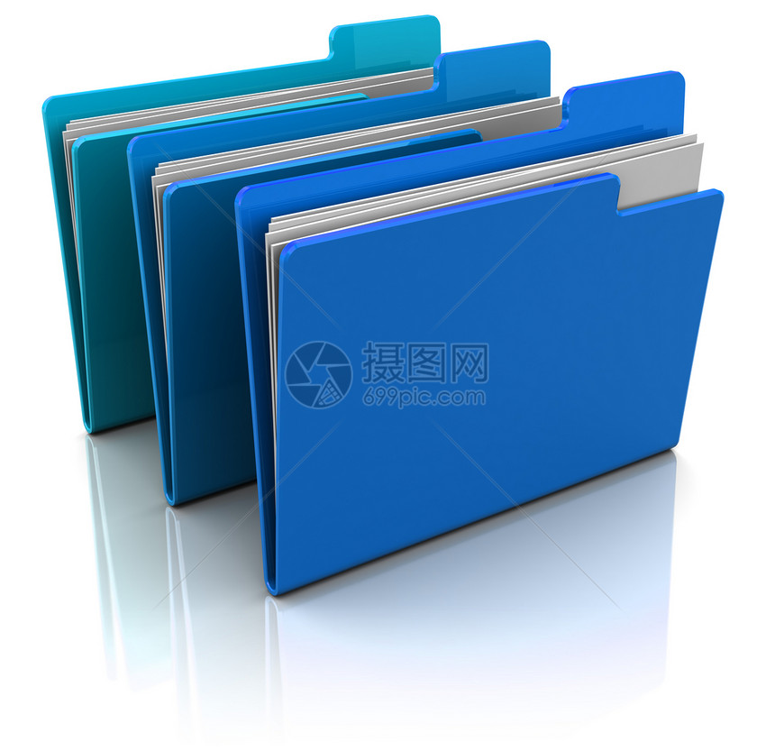 3d三个蓝色文件夹的插图白色背景上纸的蓝色文件夹图片