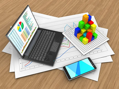 3d图表纸和个人计算机图示3d智能手机图片