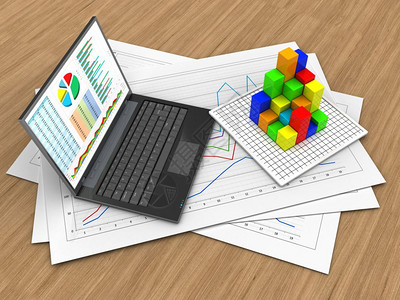 3d图示纸和个人计算机图示与木本背景对照图示3d纸图片