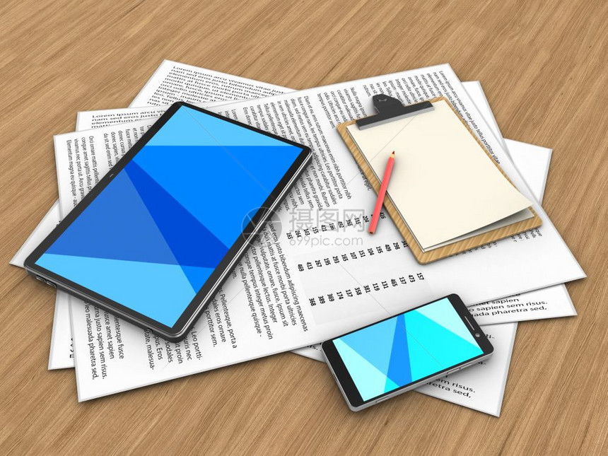 3d纸和平板电脑在木本背景上用注解3d智能手机插图图片