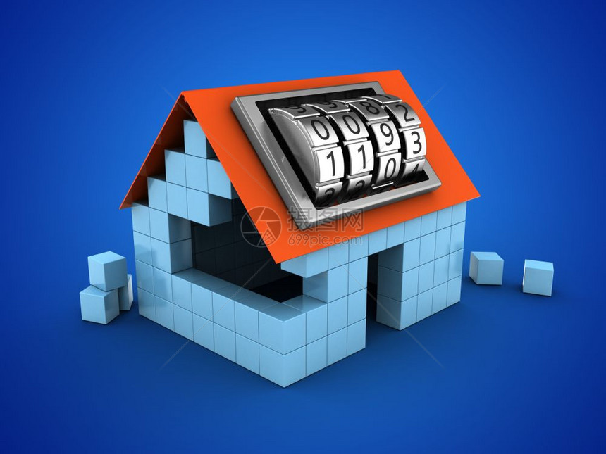 3D蓝色背景的街区房屋代码锁拨号图片