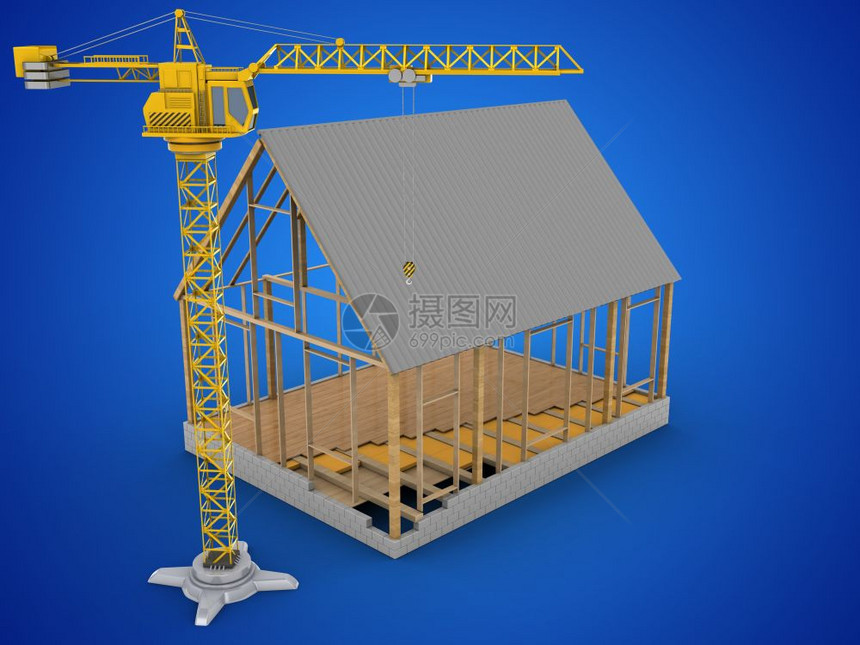 用起重机在蓝色背景上绘制房屋框架的三维示意图三维房屋框架图片