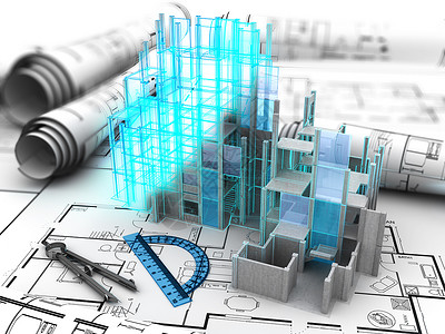 以建筑计算机模型取代蓝图的抽象3d插图片