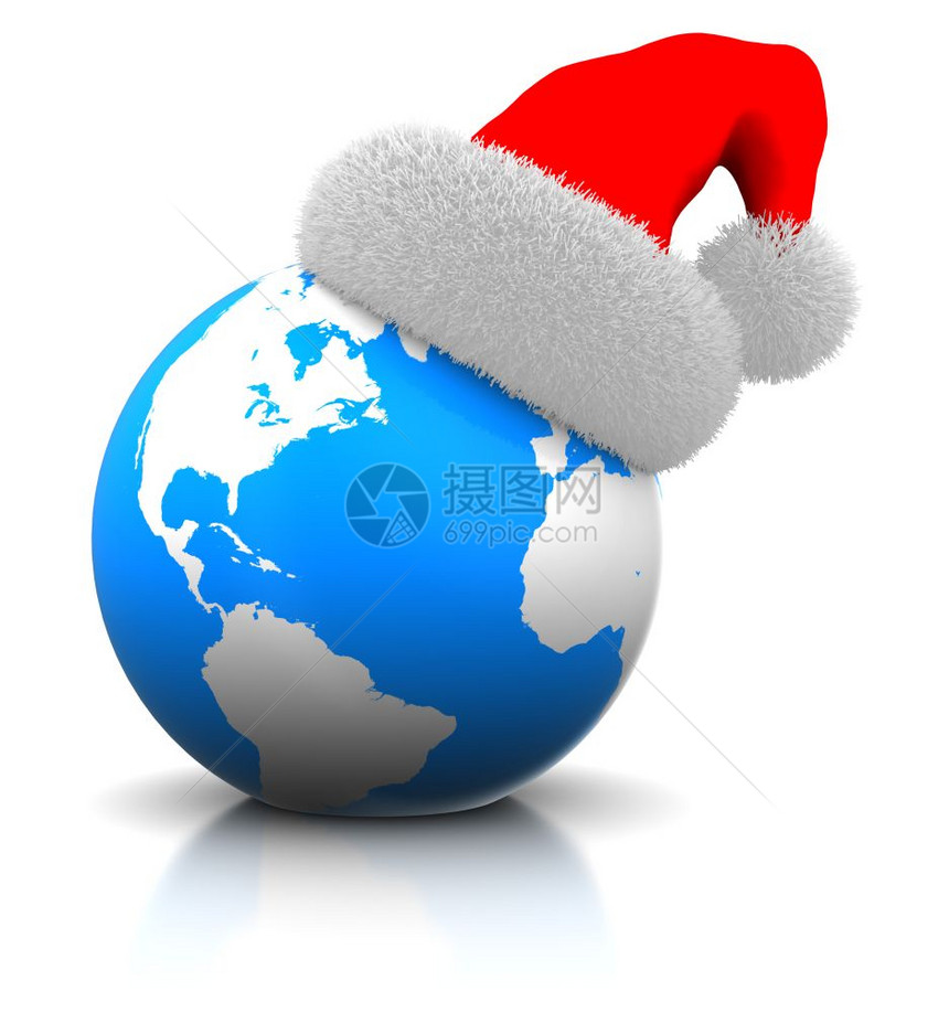 抽象的3d地球图示带有圣诞帽白色图片