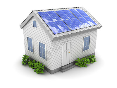 太阳能电池板图3d绿色工厂和屋顶太阳能电池板的房屋图背景