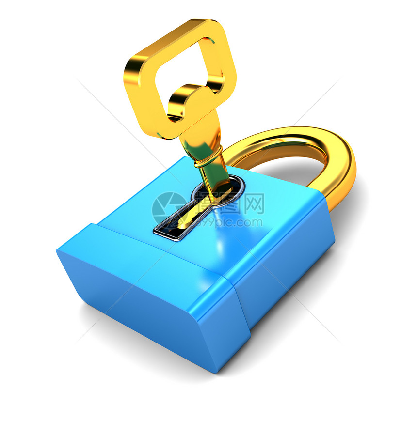 3d显示蓝色锁上面有金钥匙是白色背景图片