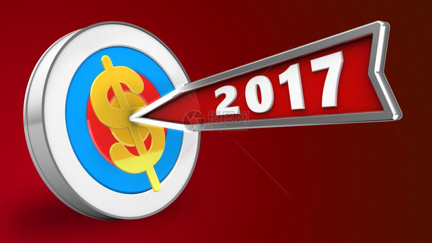 3d以2017年箭头和红色背景的美元标志说明射箭目图片