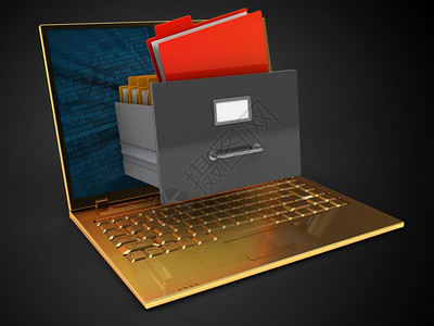 3d金色计算机黑背景图示带有二进制数据屏幕和归档图片