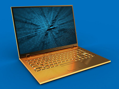 3d金色计算机蓝背景的3d插图带有二进制数据屏幕图片