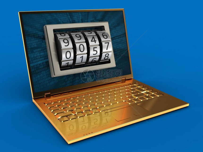 3d金色计算机的蓝背景图示配有二进制数据屏幕和密码锁定图片