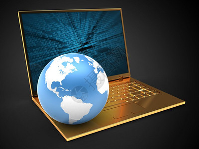 3d显示黄金计算机在黑色背景上加二进制数据屏幕和地球背景图片