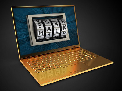 3d显示金色计算机在黑背景上加二进制数据屏幕和黑锁的金色计算机插图图片
