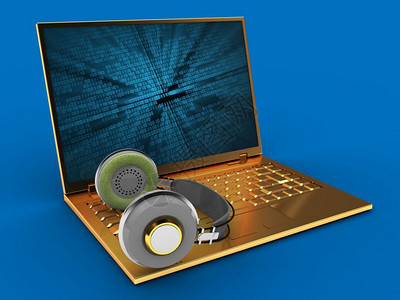 3d金色计算机蓝背景的3d插图配有二进制数据屏幕和耳机图片