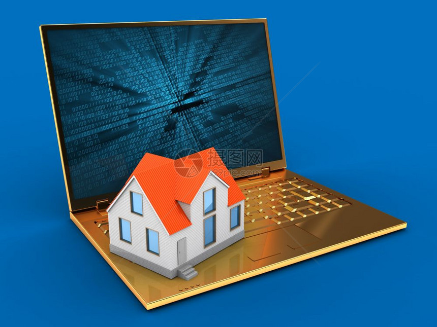 3d金色计算机蓝背景的3d插图带有二进制数据屏幕和房子图片